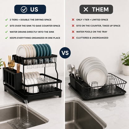 Velna Over-Sink Dish Drying Rack — two tiers side view