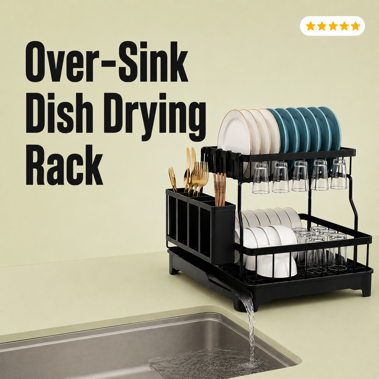 Velna Over-Sink Dish Drying Rack – Foldable Pull-Out 2-Tier Steel Rack