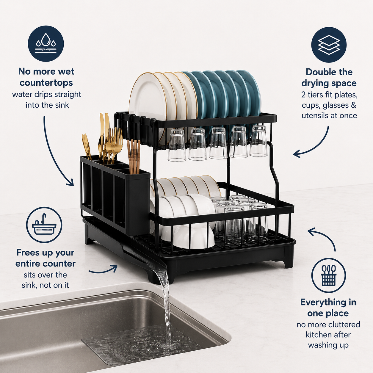 Velna Over-Sink Dish Drying Rack — pulled out across the sink