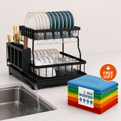 Velna Over-Sink Dish Drying Rack — over the sink, loaded
