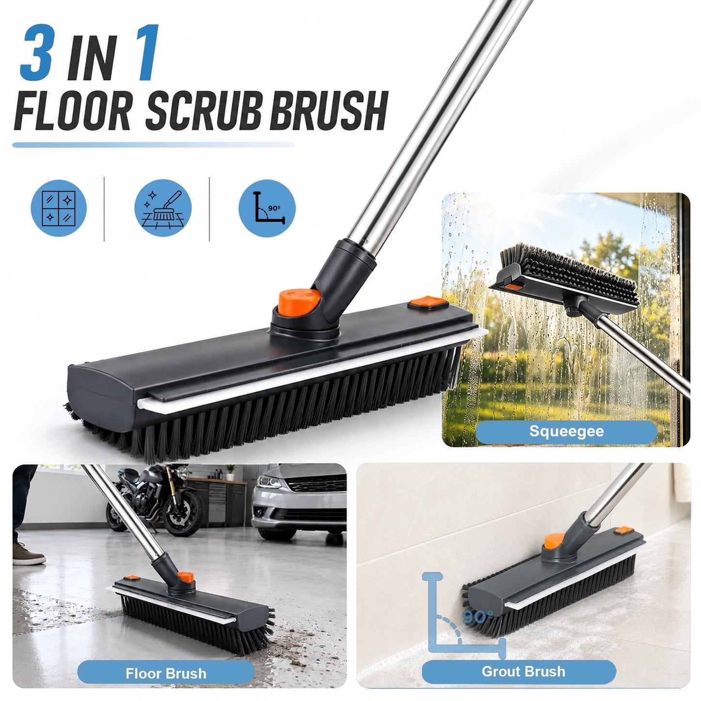 Velna 3-in-1 Floor Scrub Brush — full length with handle